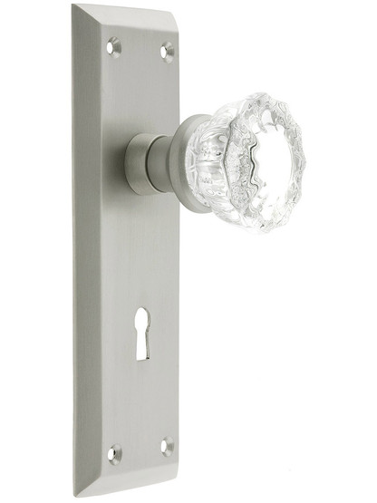 New York Mortise Lock Set With Fluted Crystal Door Knobs in Satin Nickel